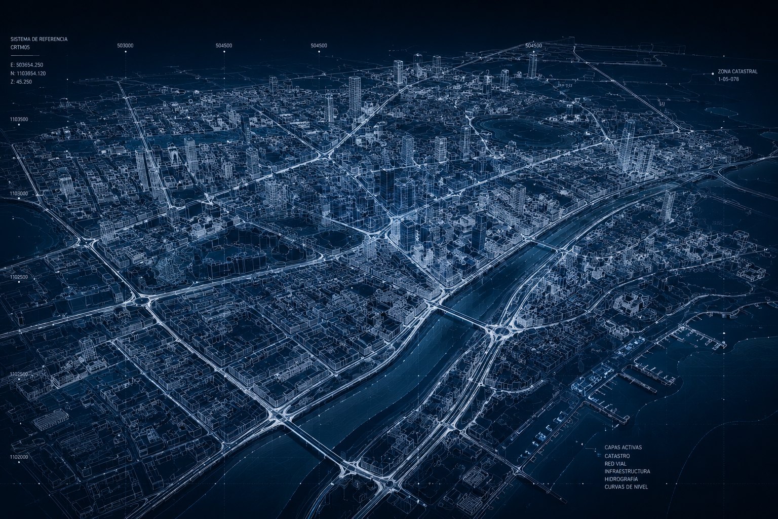 Visualización de un levantamiento urbano: red vial, edificaciones y curvas de nivel sobre fondo oscuro