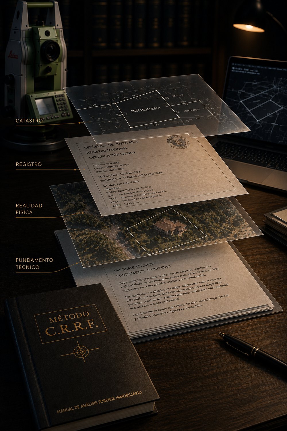Las cuatro capas del Método C.R.R.F. sobre un escritorio: catastro, registro, realidad física y fundamento técnico, junto a una estación total